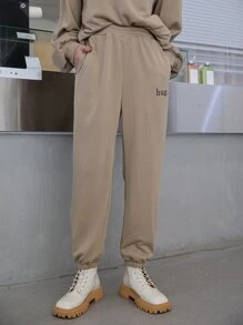 DAZY 字母圖案落肩袖套頭衫和運動褲不帶T恤 - 卡其色 - 查看 6