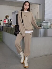 DAZY 字母圖案落肩袖套頭衫和運動褲不帶T恤 - 卡其色 - 查看 7