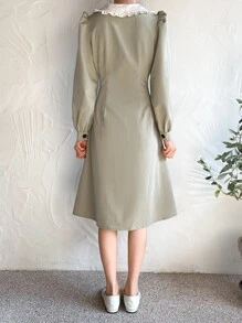 DAZY Contrast Statement Collar Puff Sleeve Dress,Fall Clothes - Khaki - View 2