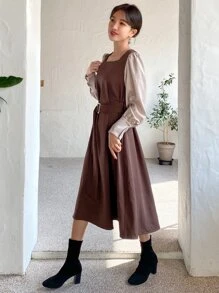 DAZY Square Neck Contrast Sleeve Belted Dress - Chocolate Brown - View 2