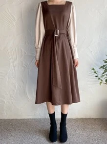 DAZY Square Neck Contrast Sleeve Belted Dress - Chocolate Brown - View 3