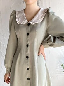 DAZY Contrast Statement Collar Puff Sleeve Dress,Fall Clothes - Khaki - View 5