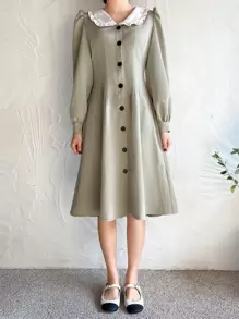 DAZY Contrast Statement Collar Puff Sleeve Dress,Fall Clothes - Khaki - View 6