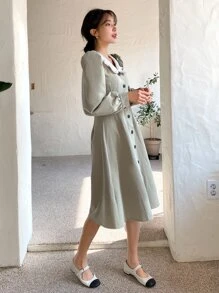 DAZY Contrast Statement Collar Puff Sleeve Dress,Fall Clothes - Khaki - View 7