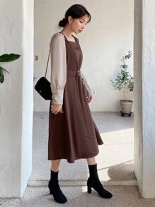 DAZY Square Neck Contrast Sleeve Belted Dress - Chocolate Brown - View 6