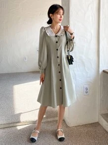 DAZY Contrast Statement Collar Puff Sleeve Dress,Fall Clothes - Khaki - View 8