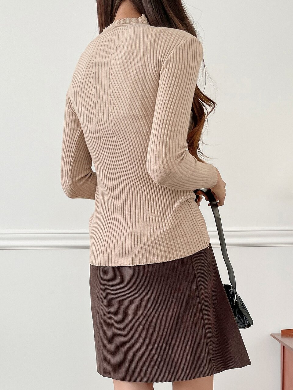 Ribbed Knit Mock Neck Scallop Trim Sweater