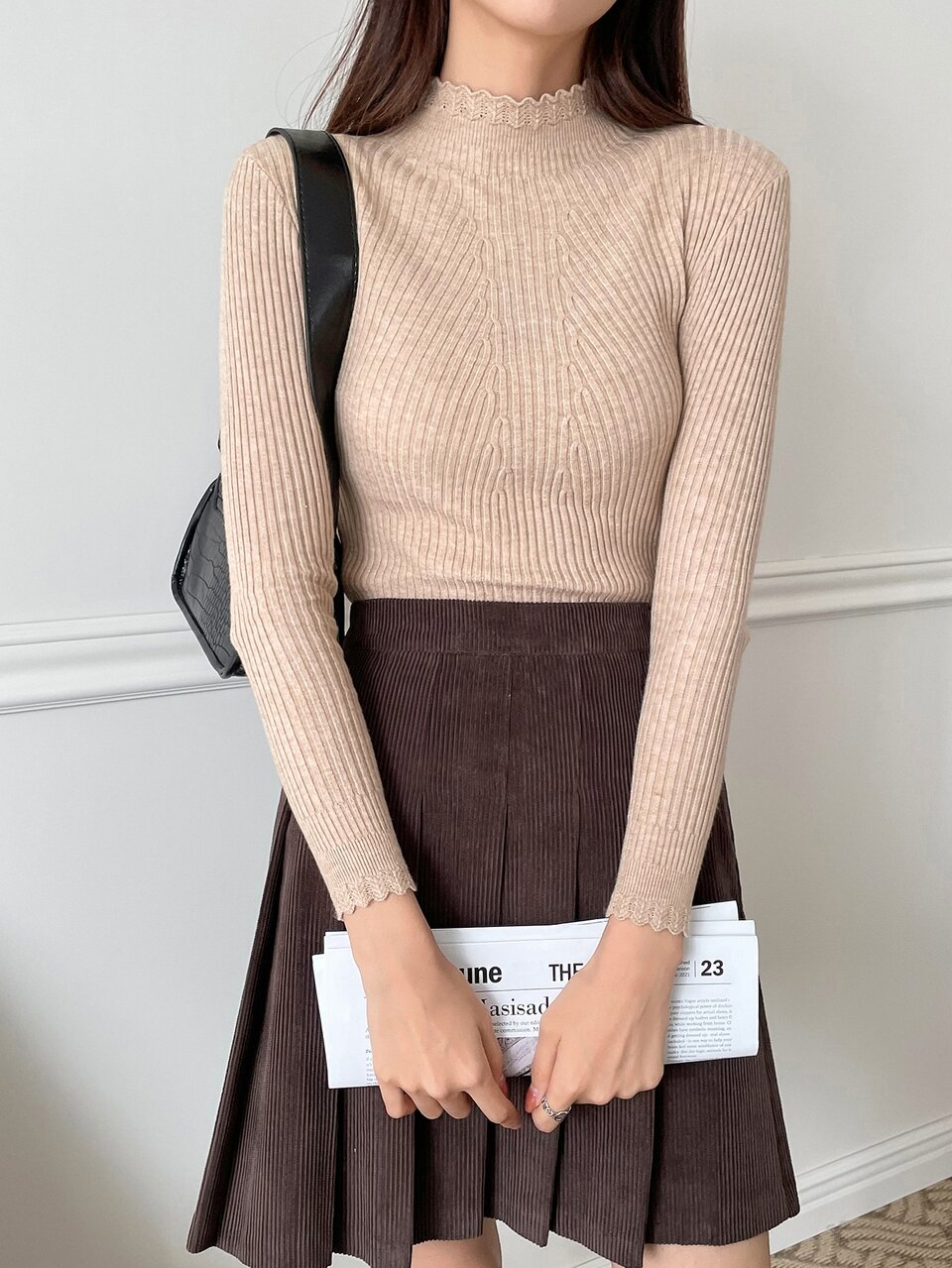 Ribbed Knit Mock Neck Scallop Trim Sweater