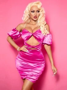 SHEIN SXY 胸部扭結鏤空水鑽細節褶邊緞面緊身洋裝