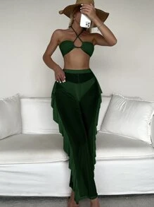 SHEIN Swim 夏季海滩单色比基尼套装交叉吊带无钢圈文胸上衣和高腰比基尼下装和网眼罩裤 3 件套比基尼 - 墨綠色 - 查看 1