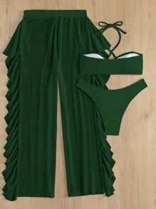 SHEIN Swim 夏季海滩单色比基尼套装交叉吊带无钢圈文胸上衣和高腰比基尼下装和网眼罩裤 3 件套比基尼 - 墨綠色 - 查看 2