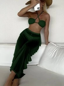 SHEIN Swim 夏季海滩单色比基尼套装交叉吊带无钢圈文胸上衣和高腰比基尼下装和网眼罩裤 3 件套比基尼 - 墨綠色 - 查看 4