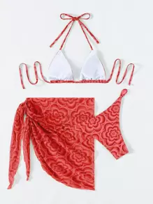 Swim SXY 花卉圖案比基尼套裝抽繩三角形文胸和低至臀部下裝和沙灘裙 - 彩色 - 查看 3