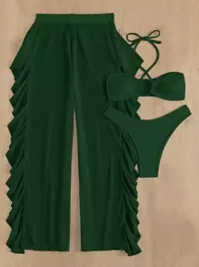 SHEIN Swim 夏季海滩单色比基尼套装交叉吊带无钢圈文胸上衣和高腰比基尼下装和网眼罩裤 3 件套比基尼 - 墨綠色 - 查看 5