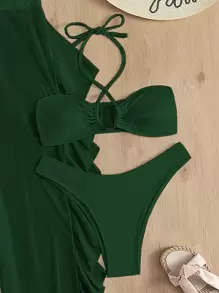 SHEIN Swim 夏季海滩单色比基尼套装交叉吊带无钢圈文胸上衣和高腰比基尼下装和网眼罩裤 3 件套比基尼 - 墨綠色 - 查看 6