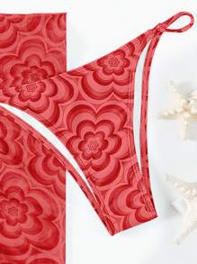 Swim SXY 花卉圖案比基尼套裝抽繩三角形文胸和低至臀部下裝和沙灘裙 - 彩色 - 查看 5