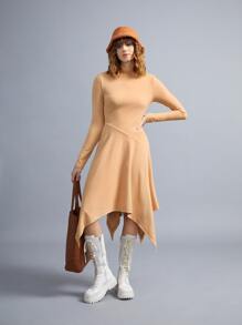 SHEIN EZwear Mock Neck Asymmetrical Hem Dress - Orange - View 1