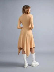 SHEIN EZwear Mock Neck Asymmetrical Hem Dress - Orange - View 2