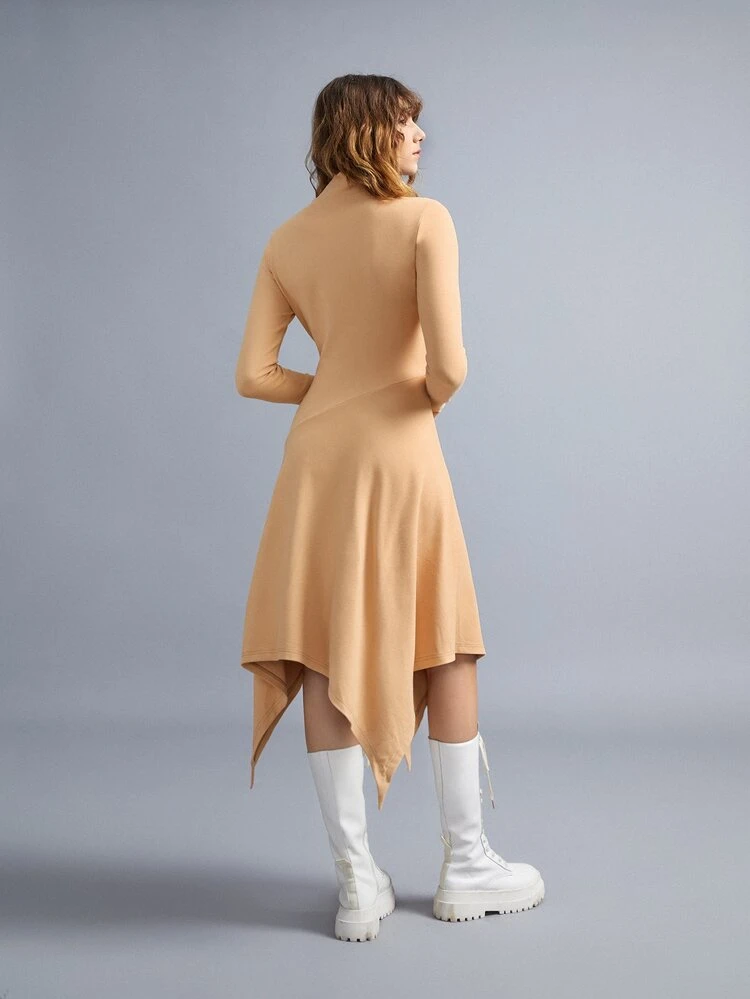 Mock Neck Asymmetrical Hem Dress