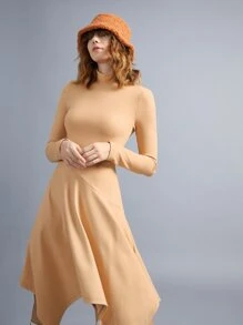SHEIN EZwear Mock Neck Asymmetrical Hem Dress - Orange - View 3