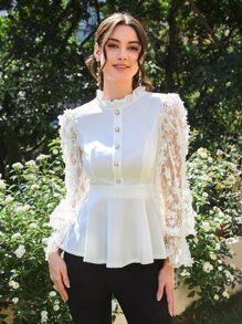 Modelyn Top aplique floral bajo con fruncido ribete fruncido - Blanco - Ver 4