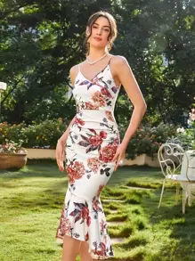 SHEIN Privé Đầm Viên lá sen Hoa Thanh lịch - trắng - Xem 4