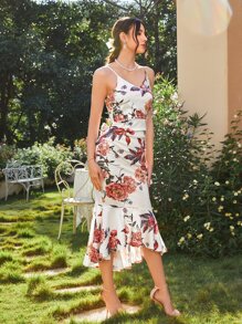 SHEIN Privé Đầm Viên lá sen Hoa Thanh lịch - trắng - Xem 5