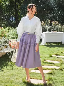 SHEIN Buttoned Front Ruched Sleeve Blouse - White - View 2