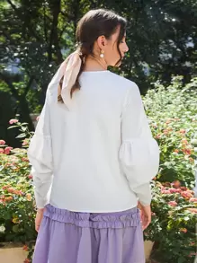 SHEIN Buttoned Front Ruched Sleeve Blouse - White - View 3