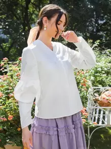 SHEIN Buttoned Front Ruched Sleeve Blouse - White - View 4