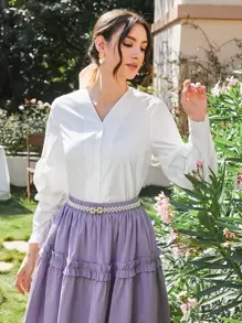 SHEIN Buttoned Front Ruched Sleeve Blouse - White - View 1