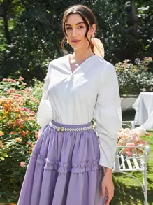 SHEIN Buttoned Front Ruched Sleeve Blouse - White - View 5