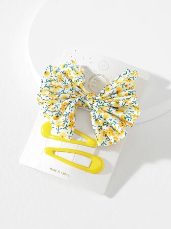 3入組花朵印花蝴蝶結裝飾髮夾