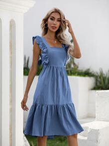 SHEIN Unity Tied Backless Butterfly Sleeve Ruffle Hem Dress - Dusty Blue - View 4