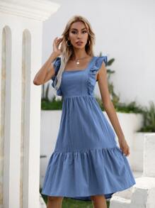 SHEIN Unity Tied Backless Butterfly Sleeve Ruffle Hem Dress - Dusty Blue - View 5