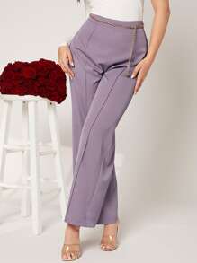 Modelyn Seam Front Wide Leg Trousers Without Chain Belt - Mauve Purple - View 3