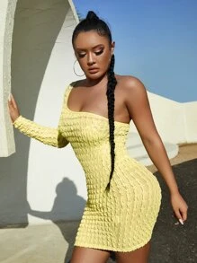 SHEIN SXY One Shoulder Cut Out Frill Bodycon Dress - Yellow - View 4