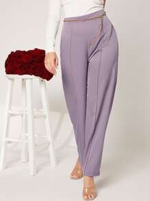 Modelyn Seam Front Wide Leg Trousers Without Chain Belt - Mauve Purple - View 5