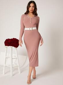 SHEIN Vestido con botón delantero con cinturón tejido de canalé - Rosa vieja - Ver 4