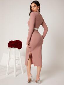 SHEIN Vestido con botón delantero con cinturón tejido de canalé - Rosa vieja - Ver 2