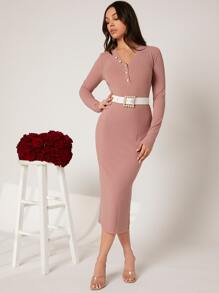 SHEIN Vestido con botón delantero con cinturón tejido de canalé - Rosa vieja - Ver 1
