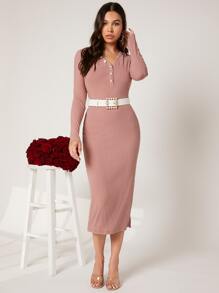SHEIN Vestido con botón delantero con cinturón tejido de canalé - Rosa vieja - Ver 3