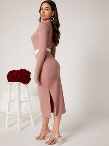 SHEIN Vestido con botón delantero con cinturón tejido de canalé - Rosa vieja - Ver 5