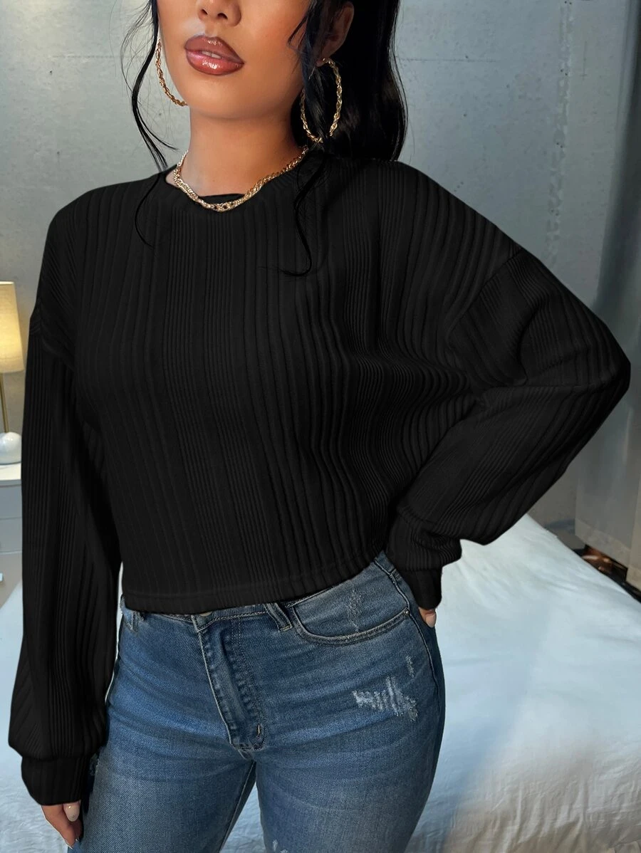 SHEIN Essnce Drop Shoulder Rib-knit Crop Tee - Black - View 1