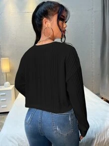 SHEIN Essnce Drop Shoulder Rib-knit Crop Tee - Black - View 2