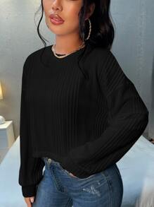SHEIN Essnce Drop Shoulder Rib-knit Crop Tee - Black - View 4