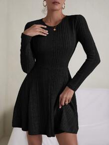 SHEIN Essnce Rib-knit Flare Hem Dress - Black - View 1