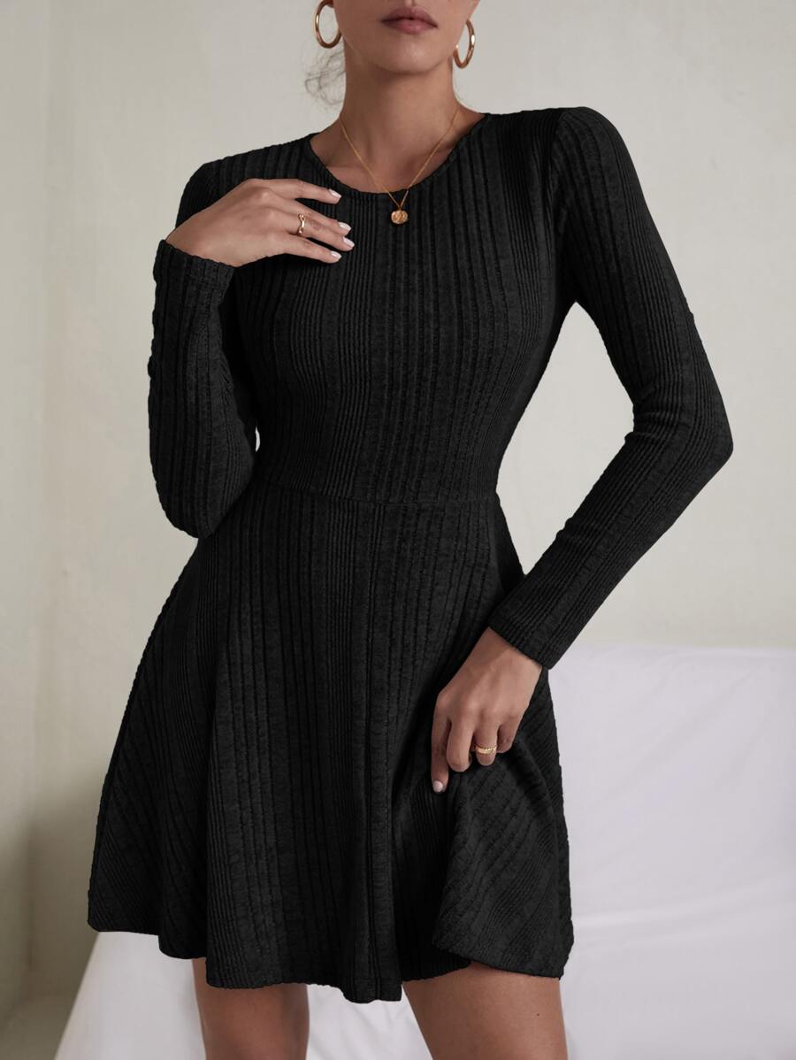 SHEIN Essnce Rib-knit Flare Hem Dress - Black - View 1