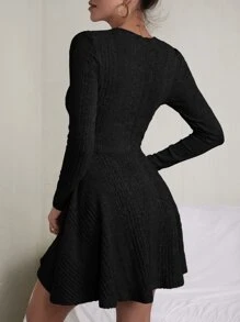 SHEIN Essnce Rib-knit Flare Hem Dress - Black - View 2