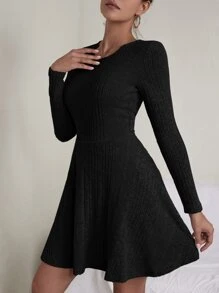 SHEIN Essnce Rib-knit Flare Hem Dress - Black - View 3